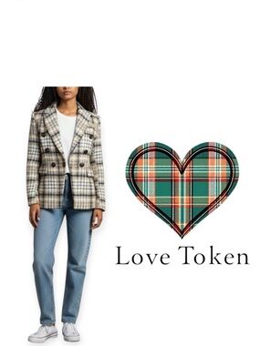 Love Token Tweed Beige Gray Black White Plaid Blazer Size XS LT100-179